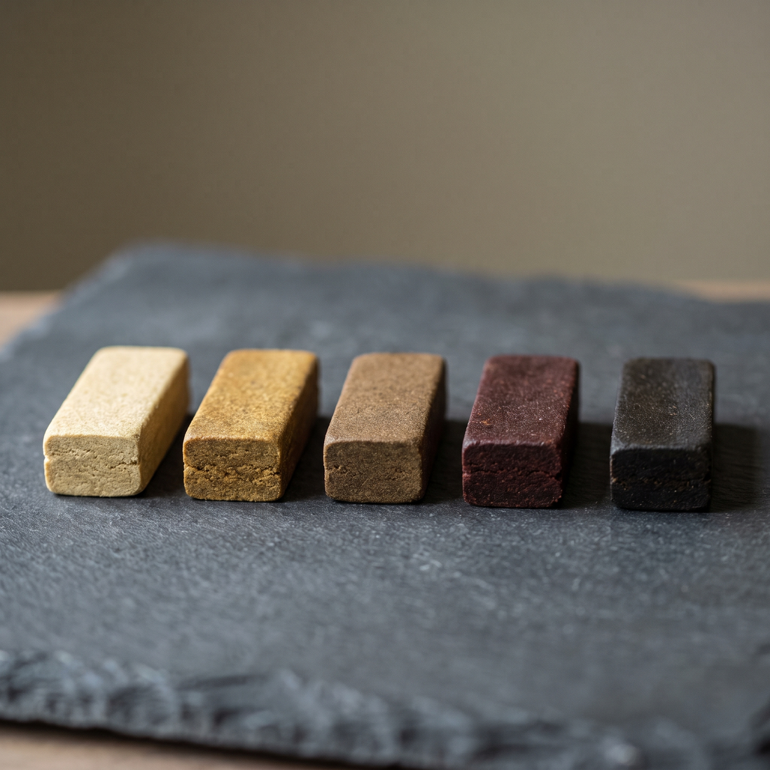 Cinq morceaux de résine de CBD de couleurs différentes alignés en rang sur une ardoise sombre
